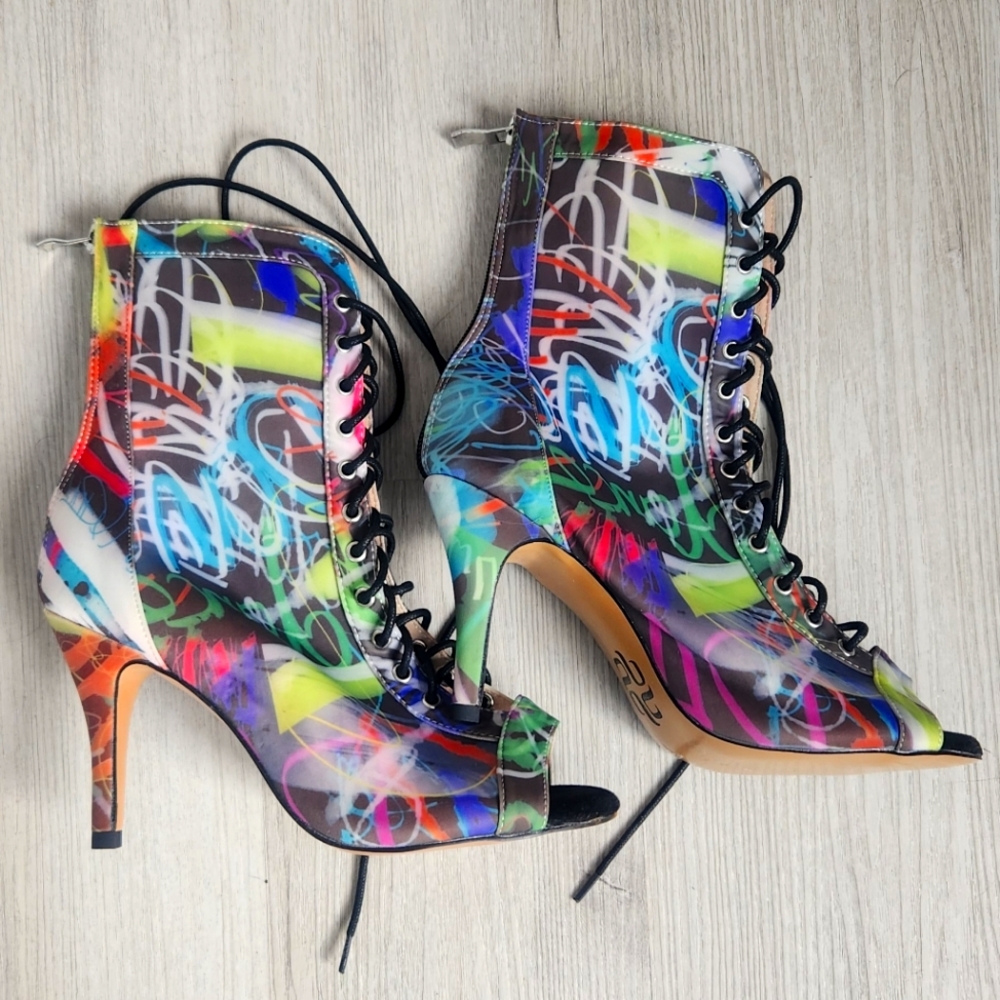 NEW Burju multicolored graffiti peeptoe dance stilettos